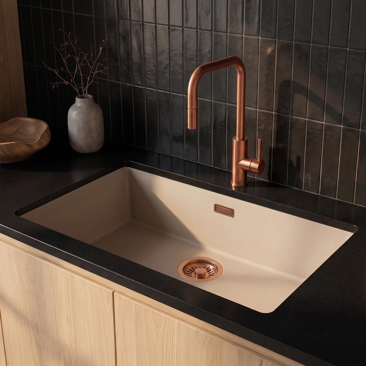 Pure.Sink Eternal Quartz Coffee cream Sink 70x40 cm Flush Mount and Undermount with Copper drain plug