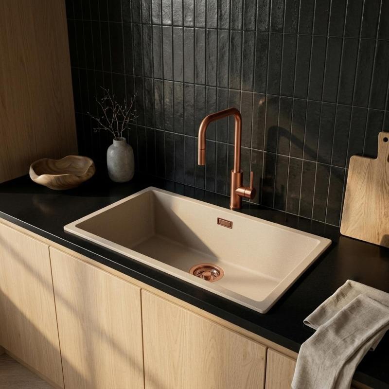 Pure.Sink Eternal Quartz Coffee cream Spoelbak 70x40 cm Vlakinbouw en Onderbouw met Koperen plug