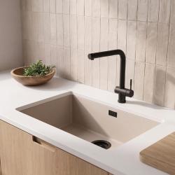 Pure.Sink Eternal Quartz Coffee cream Spoelbak 70x40 cm Vlakinbouw en Onderbouw met Zwarte plug