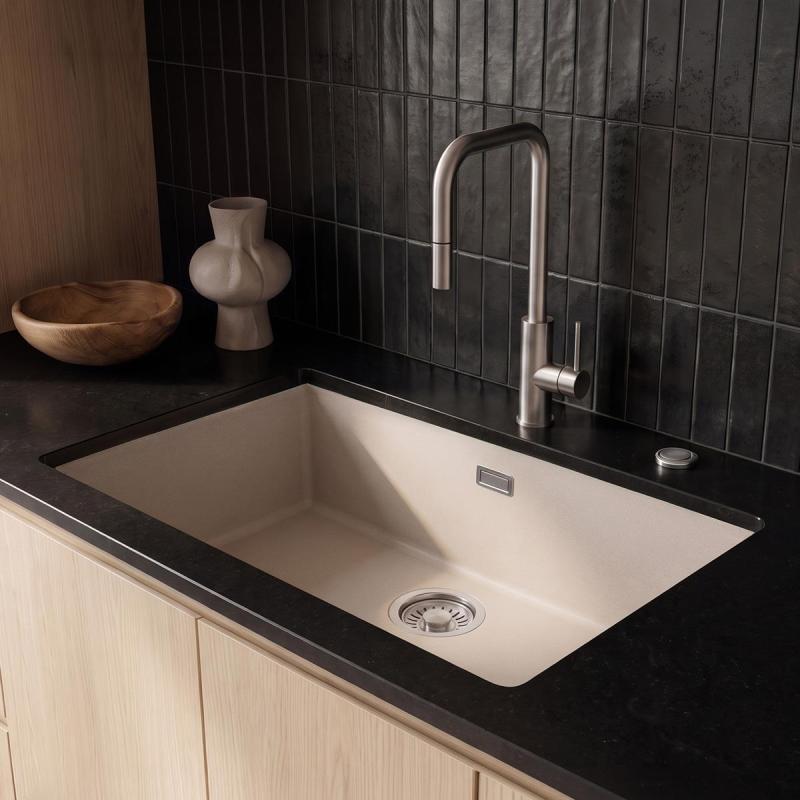 Pure.Sink Eternal Quartz Coffee cream Spoelbak 70x40 cm Vlakinbouw en Onderbouw met Automatische RVS plug