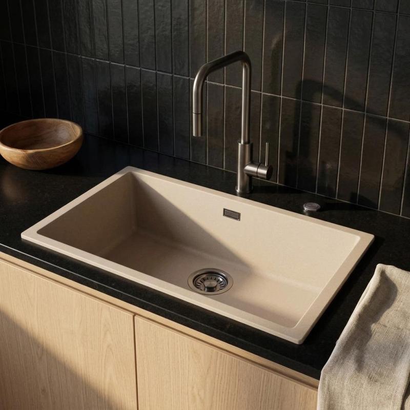 Pure.Sink Eternal Quartz Coffee cream Spoelbak 70x40 cm Vlakinbouw en Onderbouw met Automatische Gun metal plug