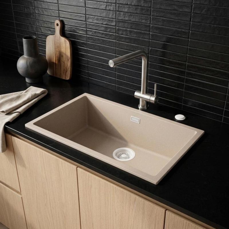 Pure.Sink Eternal Quartz Coffee cream Spoelbak 70x40 cm Vlakinbouw en Onderbouw met Automatische Witte plug