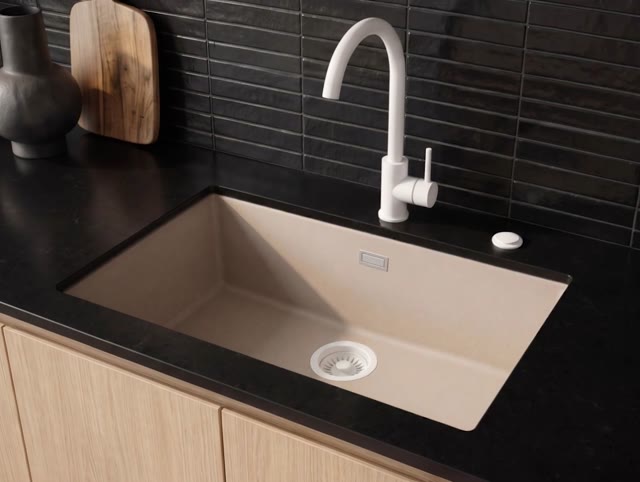 Pure.Sink Eternal Quartz Coffee cream Spoelbak 70x40 cm Vlakinbouw en Onderbouw met Automatische Witte plug