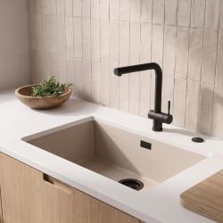 Pure.Sink Eternal Quartz Coffee cream Spoelbak 70x40 cm Vlakinbouw en Onderbouw met Automatische Zwarte plug