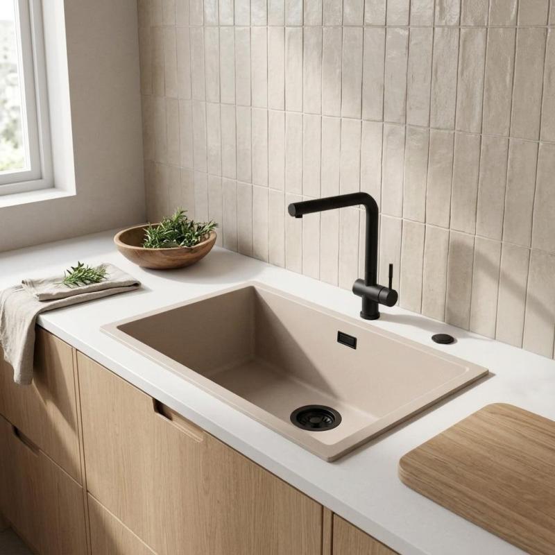 Pure.Sink Eternal Quartz Coffee cream Spoelbak 70x40 cm Vlakinbouw en Onderbouw met Automatische Zwarte plug