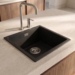 Pure.Sink Eternal Évier Quartz noir 40 x 40 cm, à encastrer ou à poser, avec bouchon en acier inoxydable