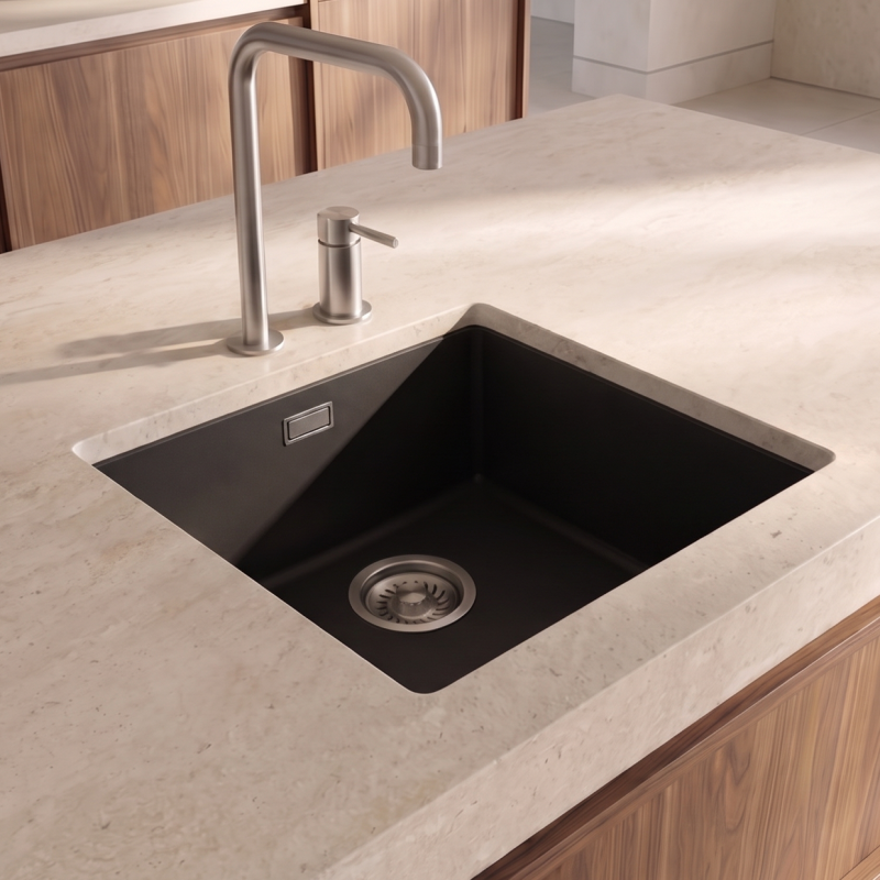 Pure.Sink Eternal Quartz Zwarte Spoelbak 40x40 cm Onderbouw en Opbouw met RVS plug