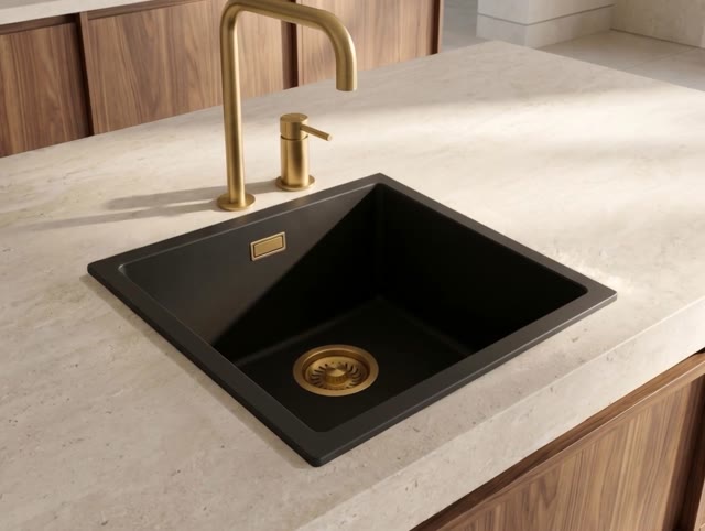 Pure.Sink Eternal Quartz Zwarte Spoelbak 40x40 cm Onderbouw en Opbouw met Gouden plug