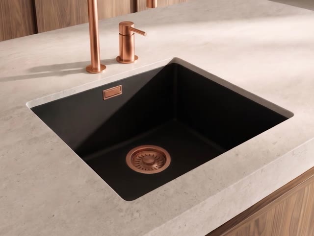 Pure.Sink Eternal Quartz Zwarte Spoelbak 40x40 cm Onderbouw en Opbouw met Koperen plug