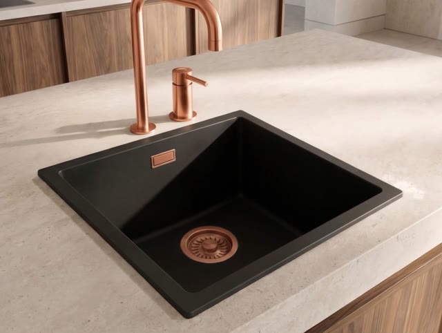 Pure.Sink Eternal Quartz Zwarte Spoelbak 40x40 cm Onderbouw en Opbouw met Koperen plug