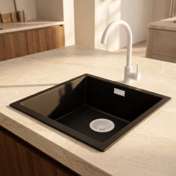 Pure.Sink Eternal Évier Quartz noir 40 x 40 cm, à encastrer ou à poser, avec bouchon blanc