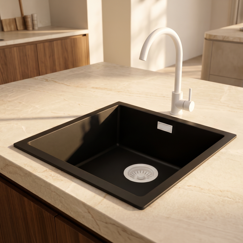 Pure.Sink Eternal Quartz Zwarte Spoelbak 40x40 cm Onderbouw en Opbouw met Witte plug