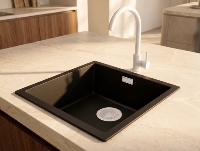 Pure.Sink Eternal Quartz Zwarte Spoelbak 40x40 cm Onderbouw en Opbouw met Witte plug