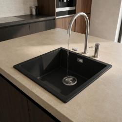 Pure.Sink Eternal Кварцова черна мивка 40x40 см за вграждане и за монтаж върху плот с автоматичен запушал от неръждаема стомана