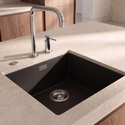 Pure.Sink Eternal Quartz Zwarte Spoelbak 40x40 cm Onderbouw en Opbouw met Automatische RVS plug