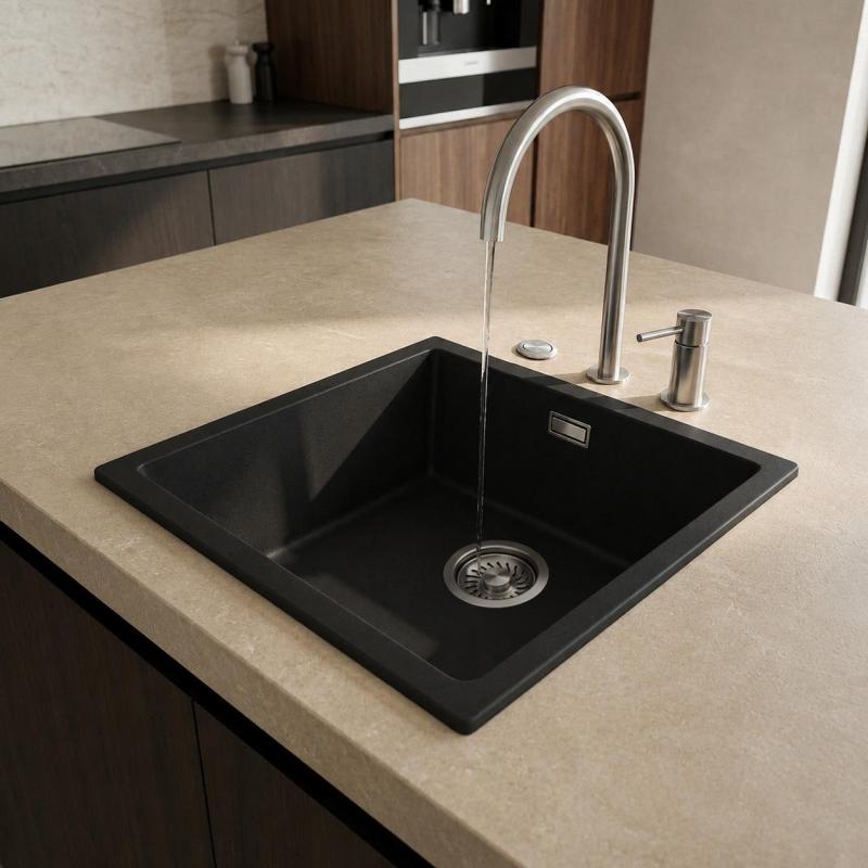 Pure.Sink Eternal Quartz Zwarte Spoelbak 40x40 cm Onderbouw en Opbouw met Automatische RVS plug
