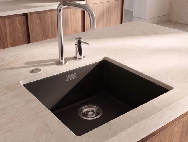 Pure.Sink Eternal Quartz Zwarte Spoelbak 40x40 cm Onderbouw en Opbouw met Automatische RVS plug