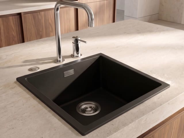 Pure.Sink Eternal Quartz Zwarte Spoelbak 40x40 cm Onderbouw en Opbouw met Automatische RVS plug