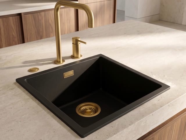 Pure.Sink Eternal Quartz Zwarte Spoelbak 40x40 cm Onderbouw en Opbouw met Automatische Gouden plug