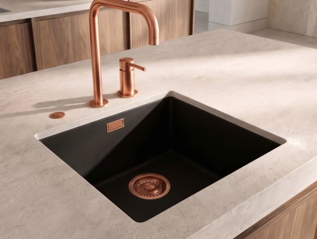Pure.Sink Eternal Quartz Zwarte Spoelbak 40x40 cm Onderbouw en Opbouw met Automatische Koperen plug