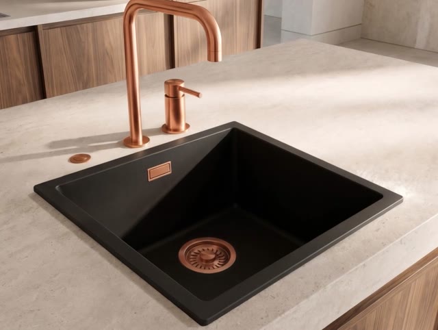 Pure.Sink Eternal Quartz Zwarte Spoelbak 40x40 cm Onderbouw en Opbouw met Automatische Koperen plug