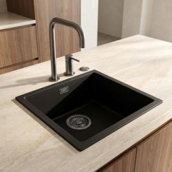 Pure.Sink Eternal Кварцова черна мивка 40x40 см за вграждане и за монтаж върху плот с автоматичен сифон „ “ Gun metal 