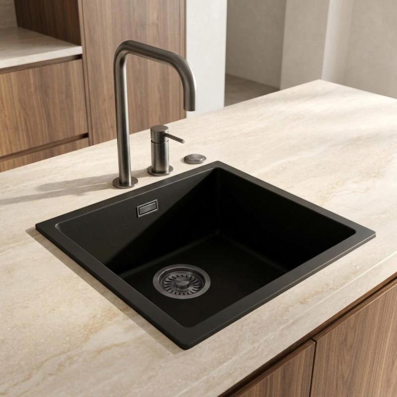 Pure.Sink Eternal Quartz Zwarte Spoelbak 40x40 cm Onderbouw en Opbouw met Automatische Gun metal plug