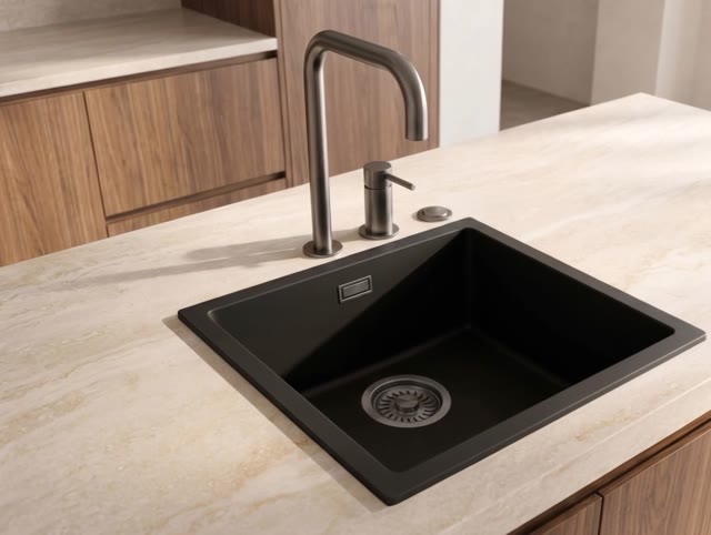 Pure.Sink Eternal Quartz Zwarte Spoelbak 40x40 cm Onderbouw en Opbouw met Automatische Gun metal plug