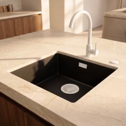 Pure.Sink Eternal Quartz Zwarte Spoelbak 40x40 cm Onderbouw en Opbouw met Automatische Witte plug