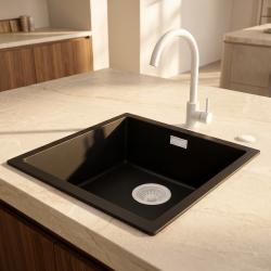 Pure.Sink Eternal Évier Quartz noir 40 x 40 cm, à encastrer ou à poser, avec bouchon blanc automatique