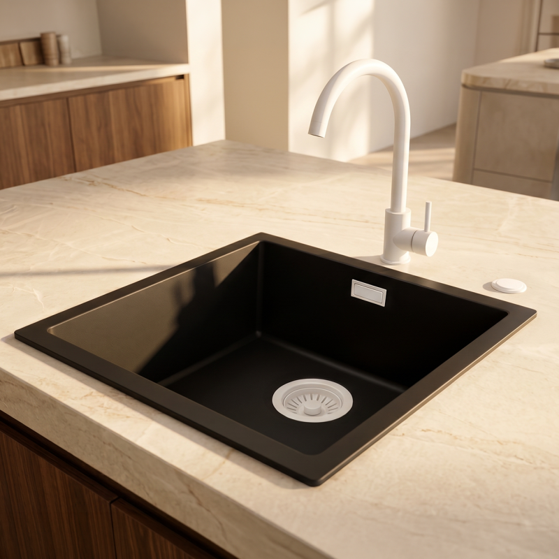 Pure.Sink Eternal Quartz Zwarte Spoelbak 40x40 cm Onderbouw en Opbouw met Automatische Witte plug