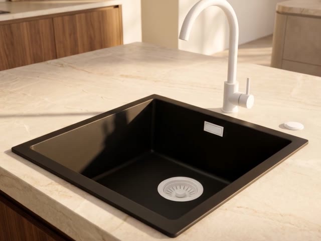 Pure.Sink Eternal Quartz Zwarte Spoelbak 40x40 cm Onderbouw en Opbouw met Automatische Witte plug