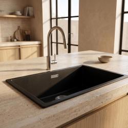 Pure.Sink Eternal Quartz Black Sink, 70x40 cm, Under-mount and Over-mount, with Stainless Steel Plug