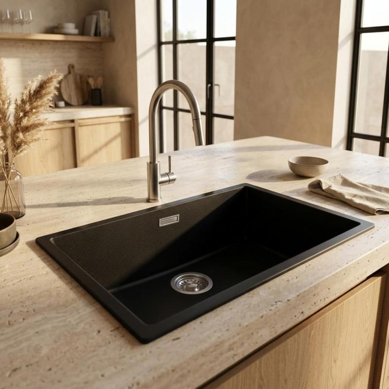 Pure.Sink Eternal Quartz Zwarte Spoelbak 70x40 cm Onderbouw en Opbouw met RVS plug