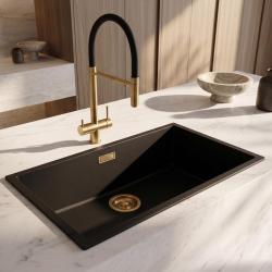 Pure.Sink Eternal Quartz Black Sink, 70x40 cm, Under-mount and Over-mount, with Gold Plug