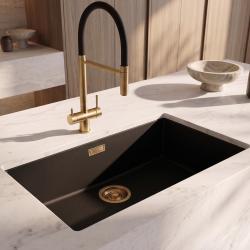 Pure.Sink Eternal Quartz Zwarte Spoelbak 70x40 cm Onderbouw en Opbouw met Gouden plug