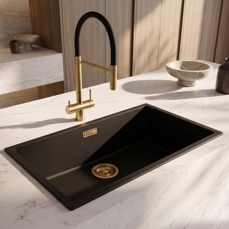 Pure.Sink Eternal Quartz Zwarte Spoelbak 70x40 cm Onderbouw en Opbouw met Gouden plug