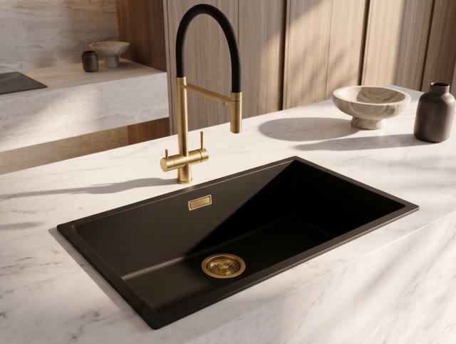Pure.Sink Eternal Quartz Zwarte Spoelbak 70x40 cm Onderbouw en Opbouw met Gouden plug