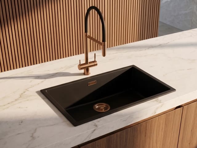 Pure.Sink Eternal Quartz Zwarte Spoelbak 70x40 cm Onderbouw en Opbouw met Koperen plug