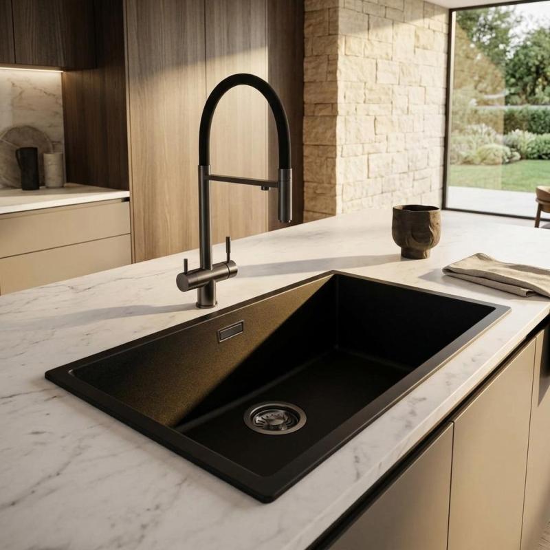Pure.Sink Eternal Quartz Zwarte Spoelbak 70x40 cm Onderbouw en Opbouw met Gun metal plug