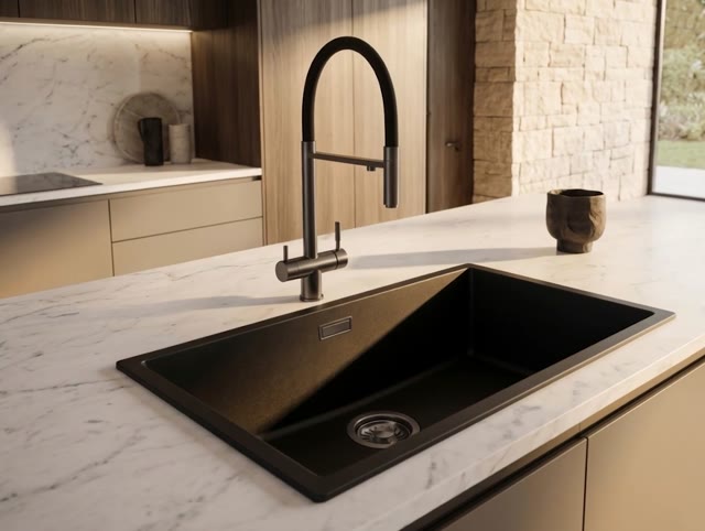 Pure.Sink Eternal Quartz Zwarte Spoelbak 70x40 cm Onderbouw en Opbouw met Gun metal plug