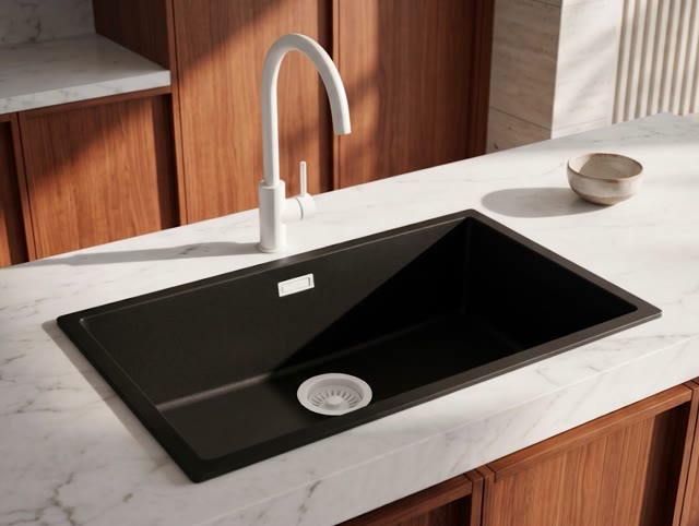 Pure.Sink Eternal Quartz Zwarte Spoelbak 70x40 cm Onderbouw en Opbouw met Witte plug