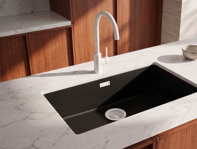 Pure.Sink Eternal Quartz Zwarte Spoelbak 70x40 cm Onderbouw en Opbouw met Witte plug