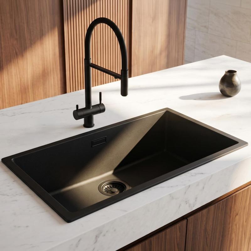 Pure.Sink Eternal Quartz Zwarte Spoelbak 70x40 cm Onderbouw en Opbouw met Zwarte plug