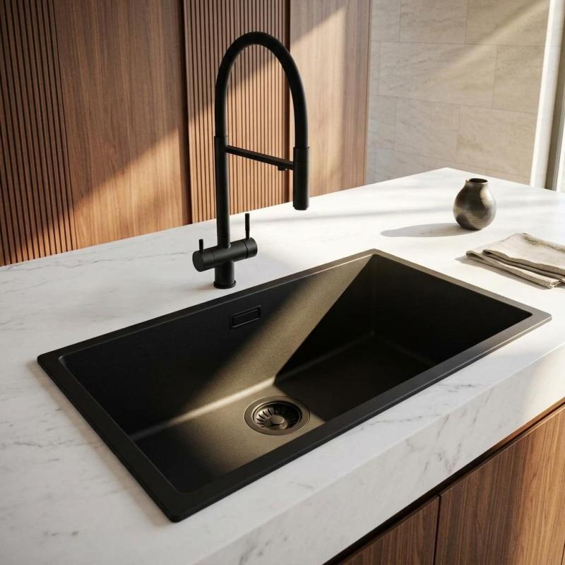 Pure.Sink Eternal Quartz Zwarte Spoelbak 70x40 cm Onderbouw en Opbouw met Zwarte plug