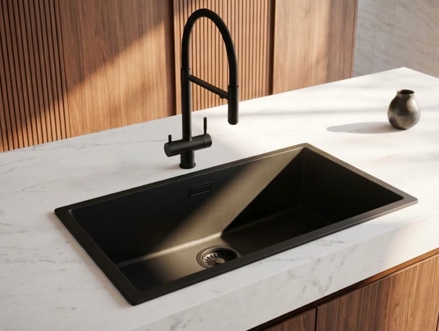 Pure.Sink Eternal Quartz Zwarte Spoelbak 70x40 cm Onderbouw en Opbouw met Zwarte plug