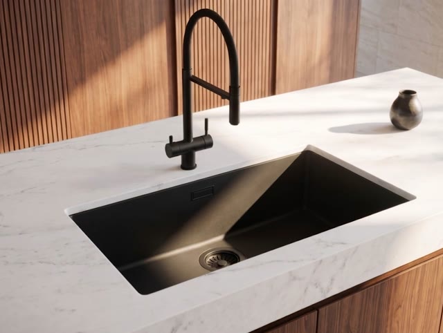 Pure.Sink Eternal Quartz Zwarte Spoelbak 70x40 cm Onderbouw en Opbouw met Zwarte plug