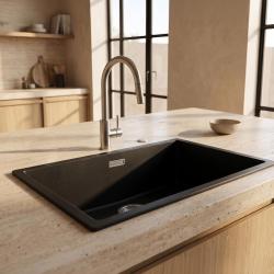 Pure.Sink Eternal Quartz Black Sink, 70x40 cm, Under-mount and Over-mount, with Automatic Stainless Steel Stopper