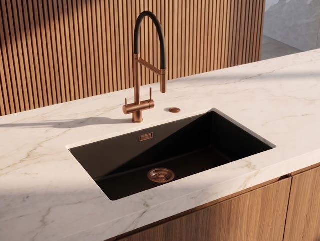 Pure.Sink Eternal Quartz Zwarte Spoelbak 70x40 cm Onderbouw en Opbouw met Automatische Koperen plug
