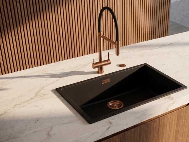 Pure.Sink Eternal Quartz Zwarte Spoelbak 70x40 cm Onderbouw en Opbouw met Automatische Koperen plug